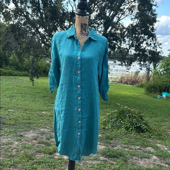 Puro Lino Teal Button-Up Shirt Linen Midi Dress Sleeve Size M/L - Picture 1 of 14
